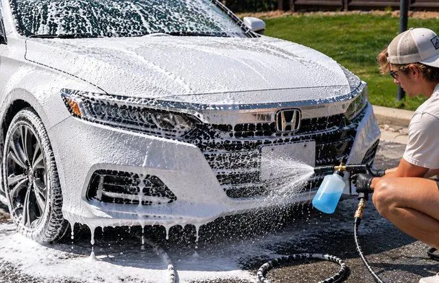 Foam cannon pre-wash on a personal vehicle